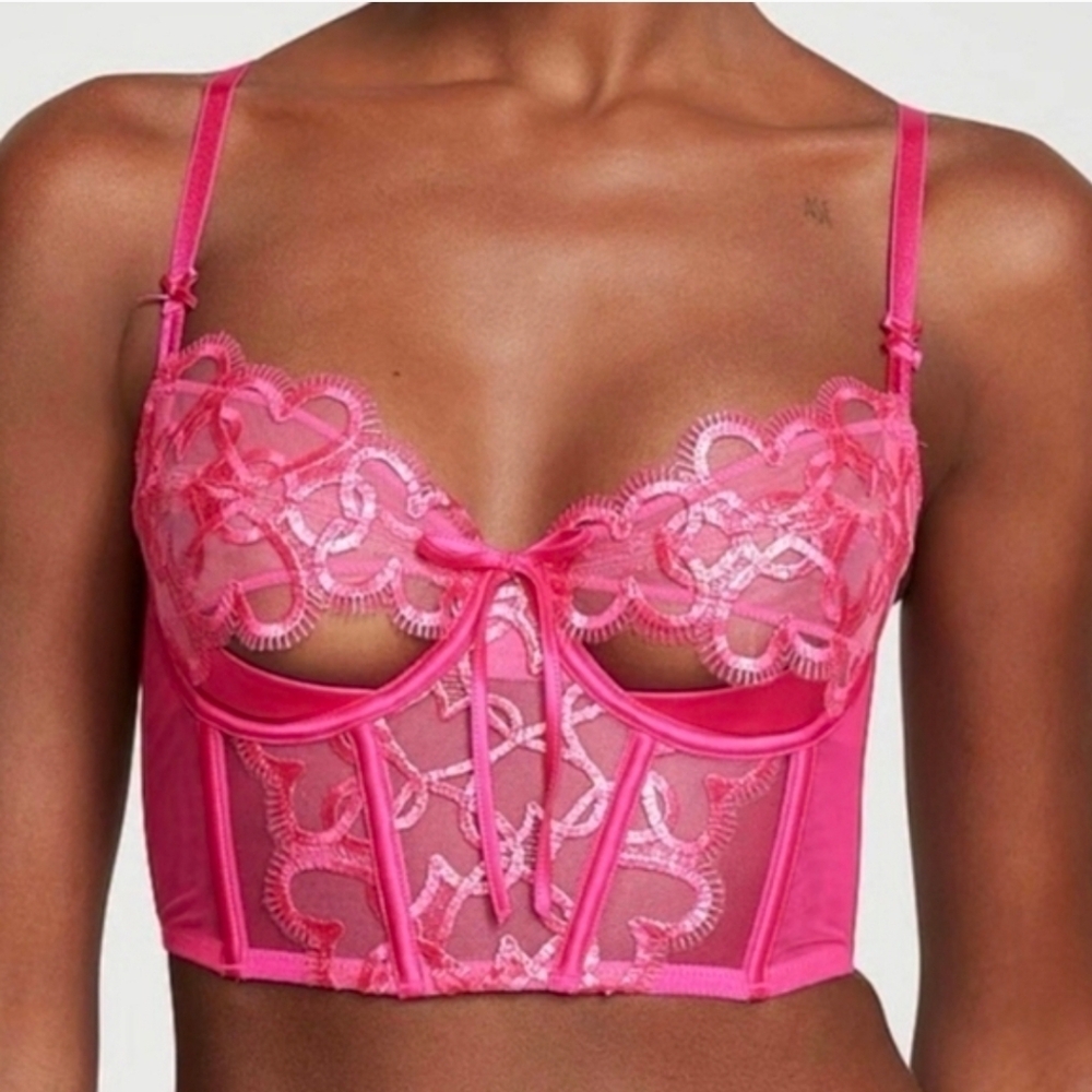 Victoria's Secret | Wicked Shimmer Heart Embroidery Open-Cup Corset Top M Pink